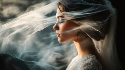 Captivating bride in ethereal veil with soft light illuminating her features