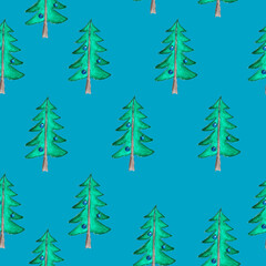 seamless pattern of hand drawn christmas tree on blue background, watercolor illustration