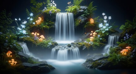 Obraz premium Enchanted Waterfall: A Serene Night in a Mystical Garden