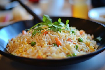 Close up of fried rice in a black bowl