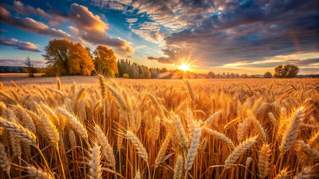 Golden wheat field at sunset with dramatic clouds