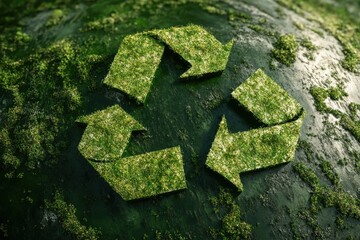 Green recycle symbol on mossy surface art
