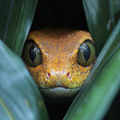 Fototapeta premium Snake's face peeking out from green leaf.
