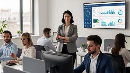 Team Working in Call Center with Supervisor Looking at Data - Powered by Adobe