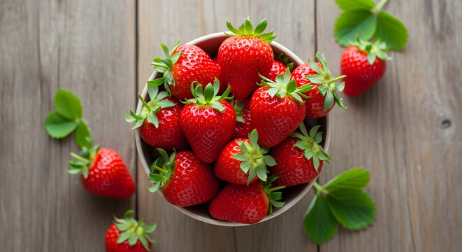 A vibrant ensemble of fresh strawberries in a rustic bowl, accentuated by verdant leaves, evokes the essence of summer's bounty upon a textured wooden surface, offering a tantalizing glimpse into
