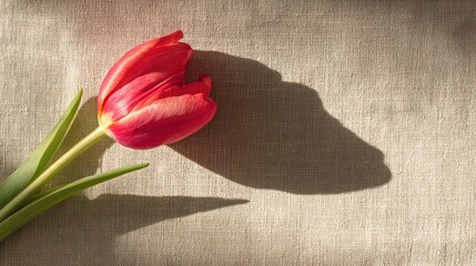 A single red tulip in full bloom rests on beige linen, surrounded by soft shadows and negative space.