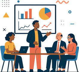 Flat vector illustration of a diverse team in a modern office meeting, discussing charts on a big screen, minimal corporate memphis style on white background