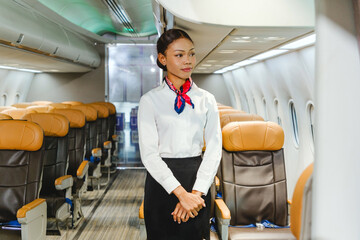 Flight attendant in uniform standing in an airplane aisle of an empty cabin, ready to welcome passengers and ensure safety.