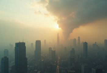 Fototapeta premium air pollution index readings urban city skyline smog ozone cloudscape air quality visual data, building, downtown, haze, exhaust, fog, horizon, environment