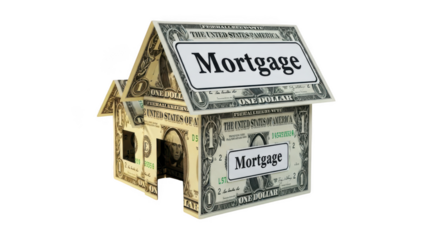 A house made of money represents the concept of mortgage isolated on transparent background