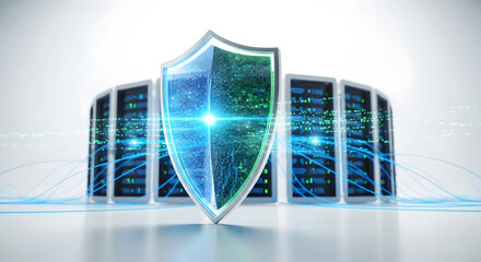 Digital security shield protecting modern server infrastructure. Advanced network protection, data integrity, and robust cybersecurity defense for secure data centers