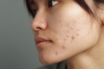 Asian young woman with mild hormonal acne in side profile highlighting skin care issues