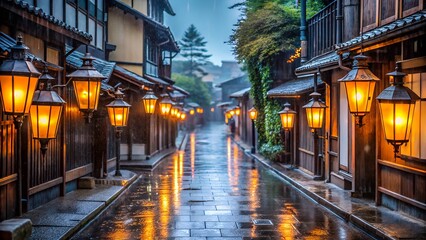 Obraz premium Rainy night in kyoto with glowing lanterns