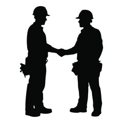 Two construction workers in silhouette shaking hands