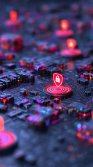 Fototapeta premium Digital network with security icons on a circuit board, showcasing technology and data protection themes.