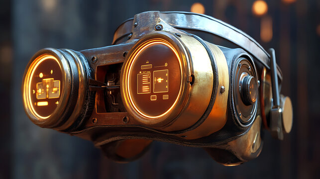 frame.less VR headset with vintage brass textures and futuristic glowing UI, hybrid steampunk technology. - Powered by Adobe