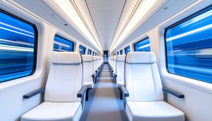 Fototapeta premium showing the clean, empty interior of a modern train car, most likely the KTX-Cheongryong, with rows of white-grey seats on either side of the center aisle.&nbsp; The windows