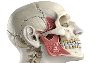 Anatomical illustration of a human skull with jaw muscles and teeth in a side profile view created with generated ai