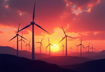 Fototapeta premium wind turbines open sunset sky generating renewable energy silhouetted blades vibrant colors, cloud, landscape, horizon, nature, outdoors, scenery, dusk, view