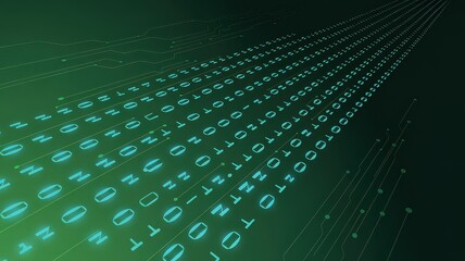 Abstract green digital stream of binary code flowing through connected data points representing network technology and information flow