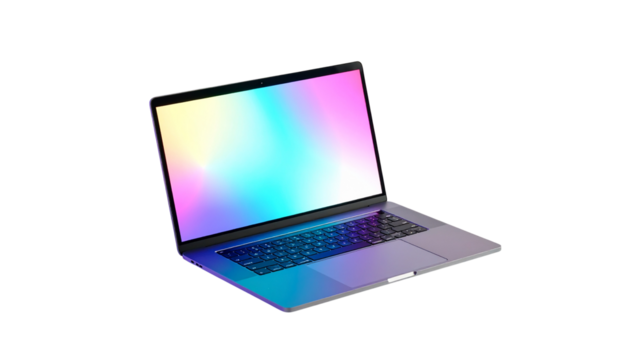 Stylish gaming laptop with colourful backlit keyboard, isolated.