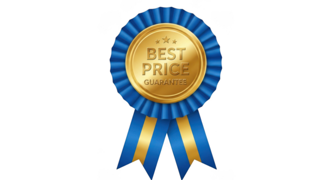 A best price guarantee badge with blue ribbon isolated on transparent background