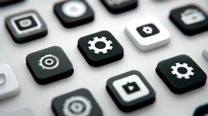 A grid of monochrome square app icons, featuring gear and media symbols