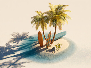 Obraz premium Palm trees and surfboards under the late afternoon sun, empty space