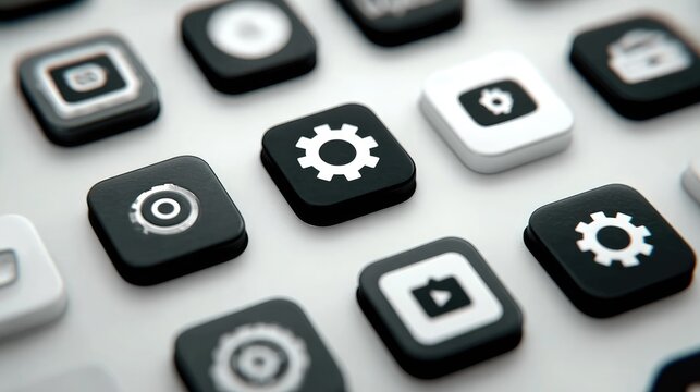 A grid of monochrome square app icons, featuring gear and media symbols