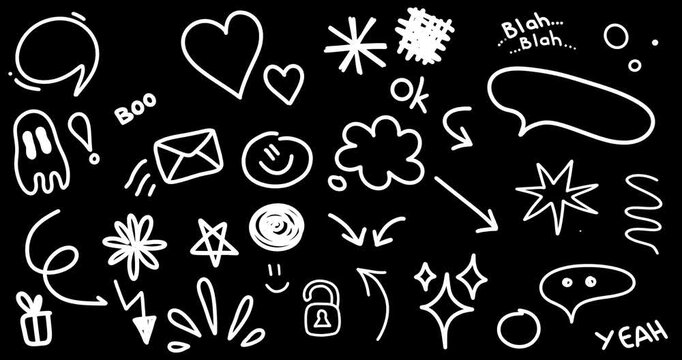 Animated Doodle Sticker Set: Hand Drawn Speech bubble, Arrow, Envelope, Smile, Stars, Scribble elements, Giftbox, Highlighter elements. Cute line icons in Sketch Style, Isolated on Black. Hand-Drawn L