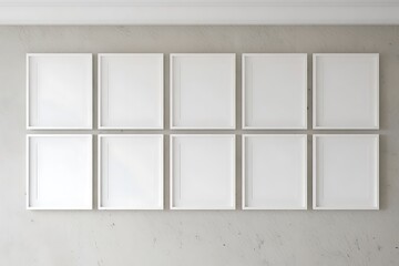 Ten identical white framed rectangles arranged in two rows on a light gray wall