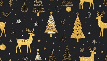 Gold reindeer and stylized Christmas trees on a dark background, creating a festive pattern