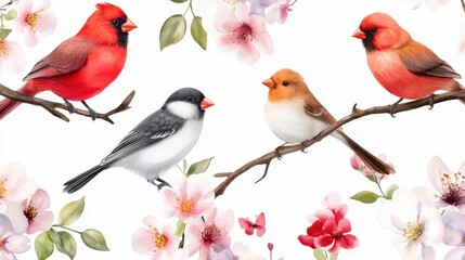 Fototapeta premium Bird-themed seamless watercolor with garden flowers and pink blossoms for spring designs