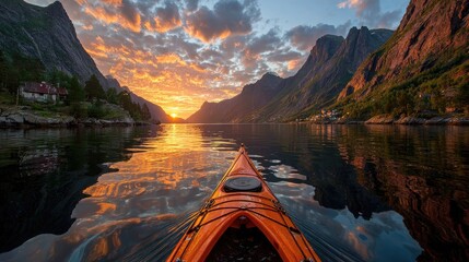 Kayaking through a serene fjord at sunset, mountains reflecting in calm water