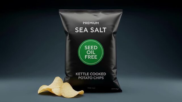 A mockup of potato chips packaging with a prominent 'seed oil free' label, reflecting the growing consumer health trend and the debate around vegetable oils in food products