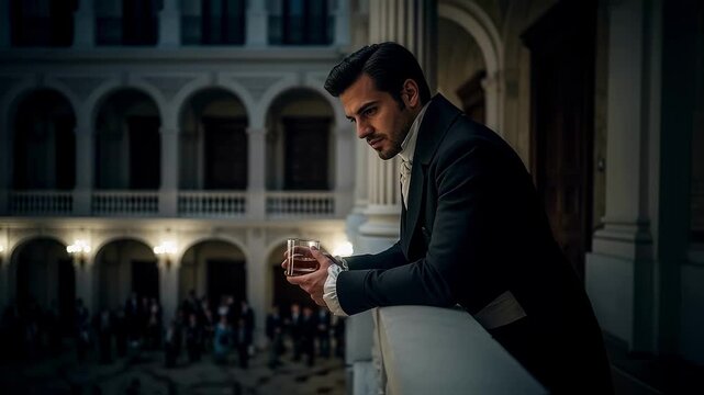 A pensive nobleman in a vintage suit holding a drink on a balcony during a high-society ball, evoking themes of historical romance, drama and aristocratic life