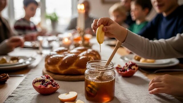 A child's hand dipping an apple in honey during a Rosh Hashanah family dinner with challah and pomegranates, symbolizing wishes for a sweet and happy jewish new year