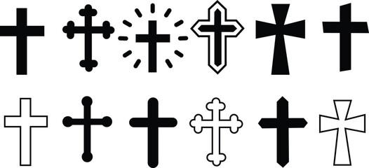 Christian cross silhouette icon set – filled style religious symbols for faith and spirituality: celtic cross, crucifix, inri, thorn crown, ornate cross, plain cross, broken cross, radiant cross