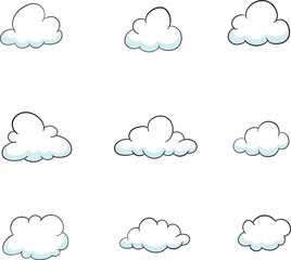 Fototapeta premium Cute cloud sky vector isolated cartoon style. Cloud in outline and blue shadow clip art hand drawn illustration for asset, book, children, design, poster