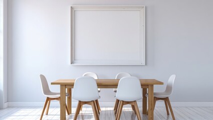 Dining table with white chairs in bright room wooden table