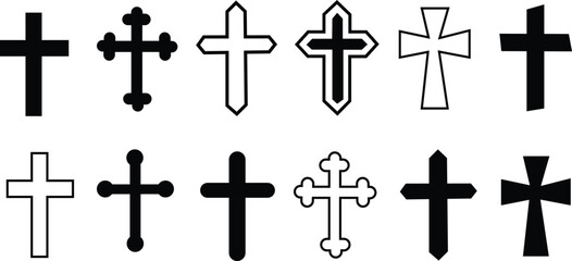 Christian cross silhouette icon set &ndash; filled style religious symbols for faith and spirituality: celtic cross, crucifix, inri, thorn crown, ornate cross, plain cross, broken cross, radiant cross