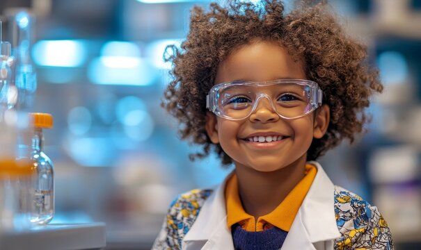 Candid portrait of a happy young African American child in a scientist costume in a lab, encouraging STEM education and diverse role models, Generative AI