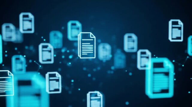 A digital representation of files floating in a network, symbolizing data, information, and cloud storage in a futuristic and abstract manner on a blue background