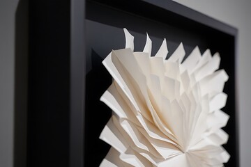 Intricate folded paper sculpture in a black shadow box