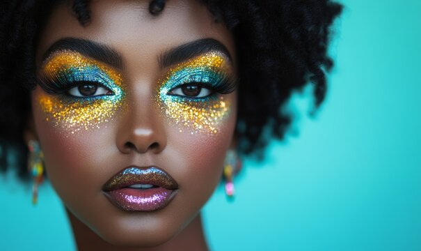 Close-up of a Black African American drag queen, adorned with expressive pride glitter makeup, celebrating LGBTQ+ culture and self-expression, Generative AI - Powered by Adobe