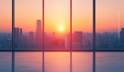 Sunset over city skyline through floor to ceiling windows in empty office room with orange pink hues illuminating urban landscape