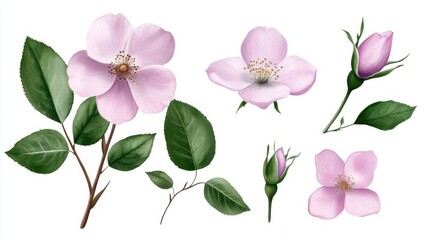Botanical rose illustration, pink blossoms and leaves in watercolor style