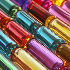 Close up shot of neatly arranged rows of colorful transparent capsules with a glossy and shiny finish