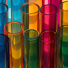 A close up view of multiple colorful glass tubes arranged in a group with vibrant light reflections