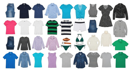 A diverse collection of casual clothing items are neatly arranged isolated on transparent background